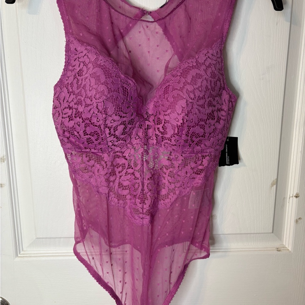 INC International Concepts Sheer Lace Bodysuit in Pink